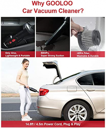 GOOLOO Car Vacuum Cleaner High Power 8000PA Strong Suction Handheld Portable Corded Small Vacuum DC 12V for Quick Car Cleaning - 4